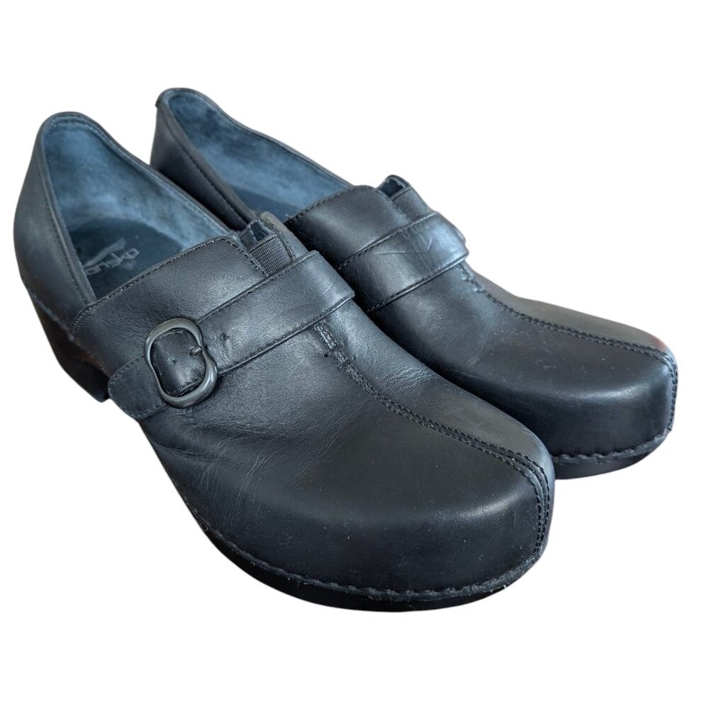 DanskoTamara Black Leather Slip on Buckle Clogs - Size 41